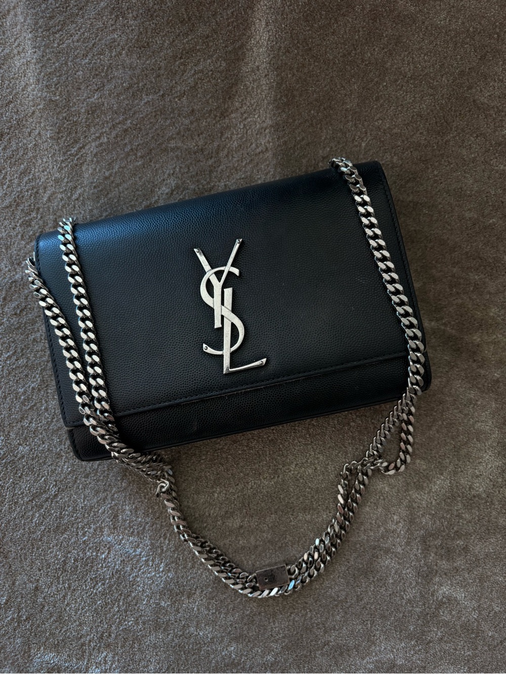 Saint Laurent Black Leather Shoulder Bag with Silver YSL Chain